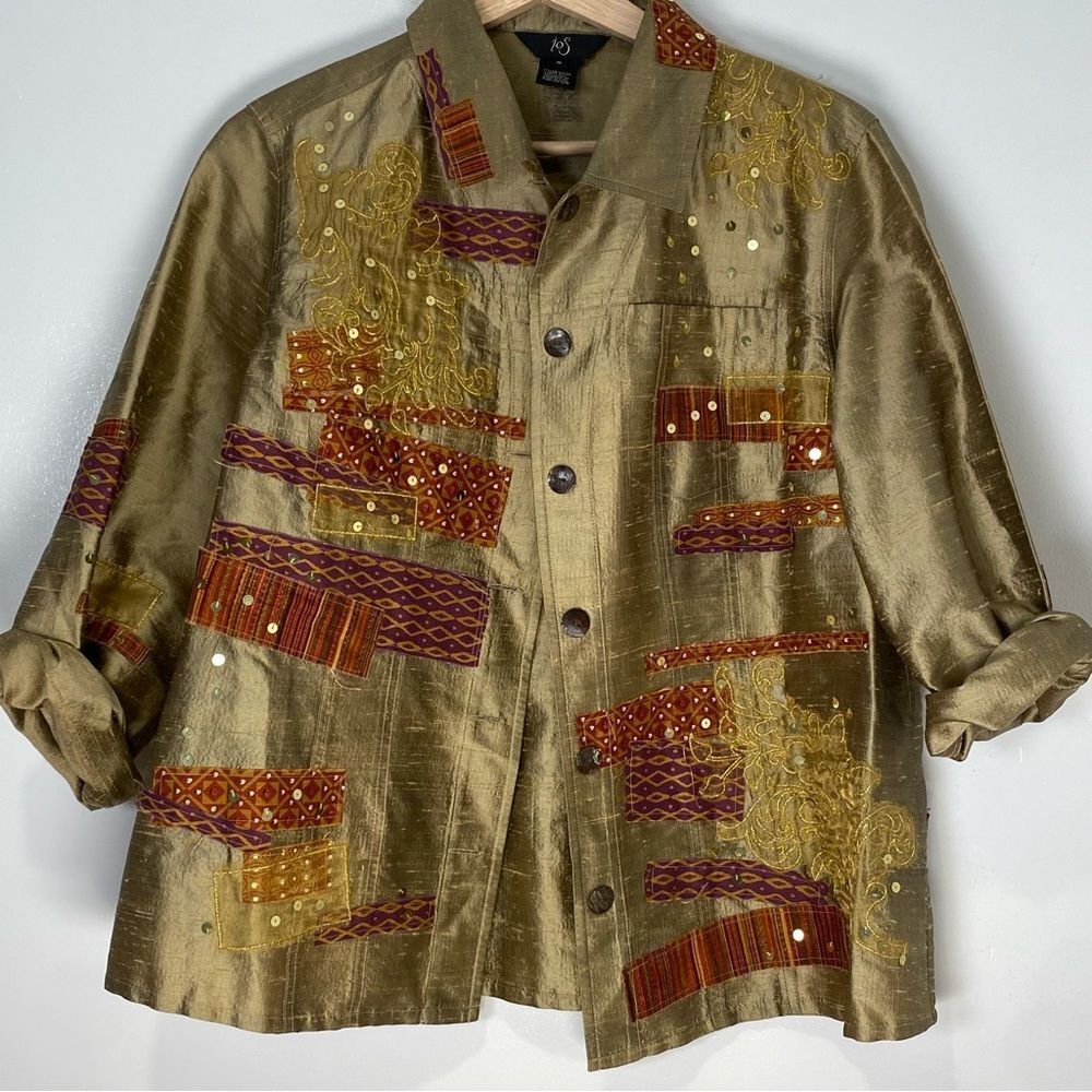 Ios Gold Sequin Silk Sequin Seashell Button Shirt… - image 6